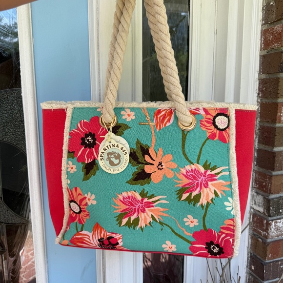 NWT Spartina 449 Boho Beach Tote Linen & Leather Floral - Picture 1 of 15
